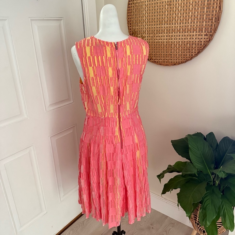 Tracy Reese Pink Yellow Linen Blend Fit Flare Midi Dress 8 Spring Wedding Guest - Picture 3 of 9